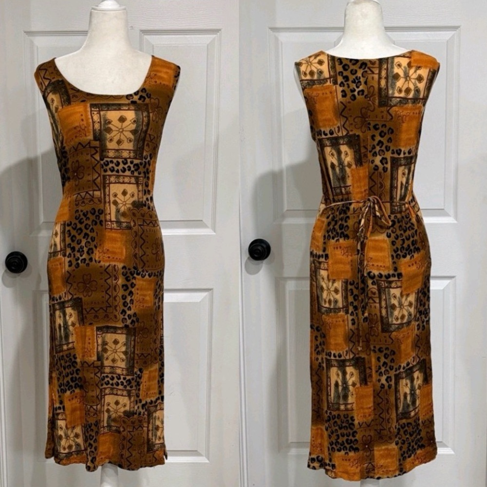 Vintage White Stag Patchwork Midi Dress - Orange and Brown - Picture 1 of 10